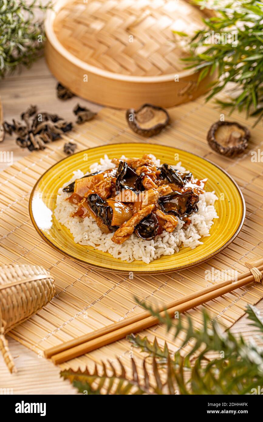 Hühnchen mit Bambus und Gelée-Ohr in würziger Sauce serviert Mit Reis Stockfoto