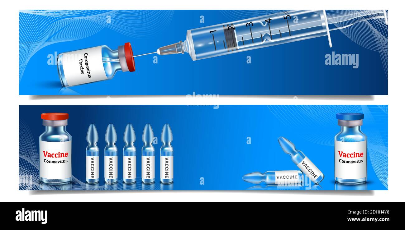 Zwei horizontale blaue Banner mit Impfungen gegen Covid-19. Coronavirus-Impfstoff. Realistische Darstellung. Vektor. Stock Vektor
