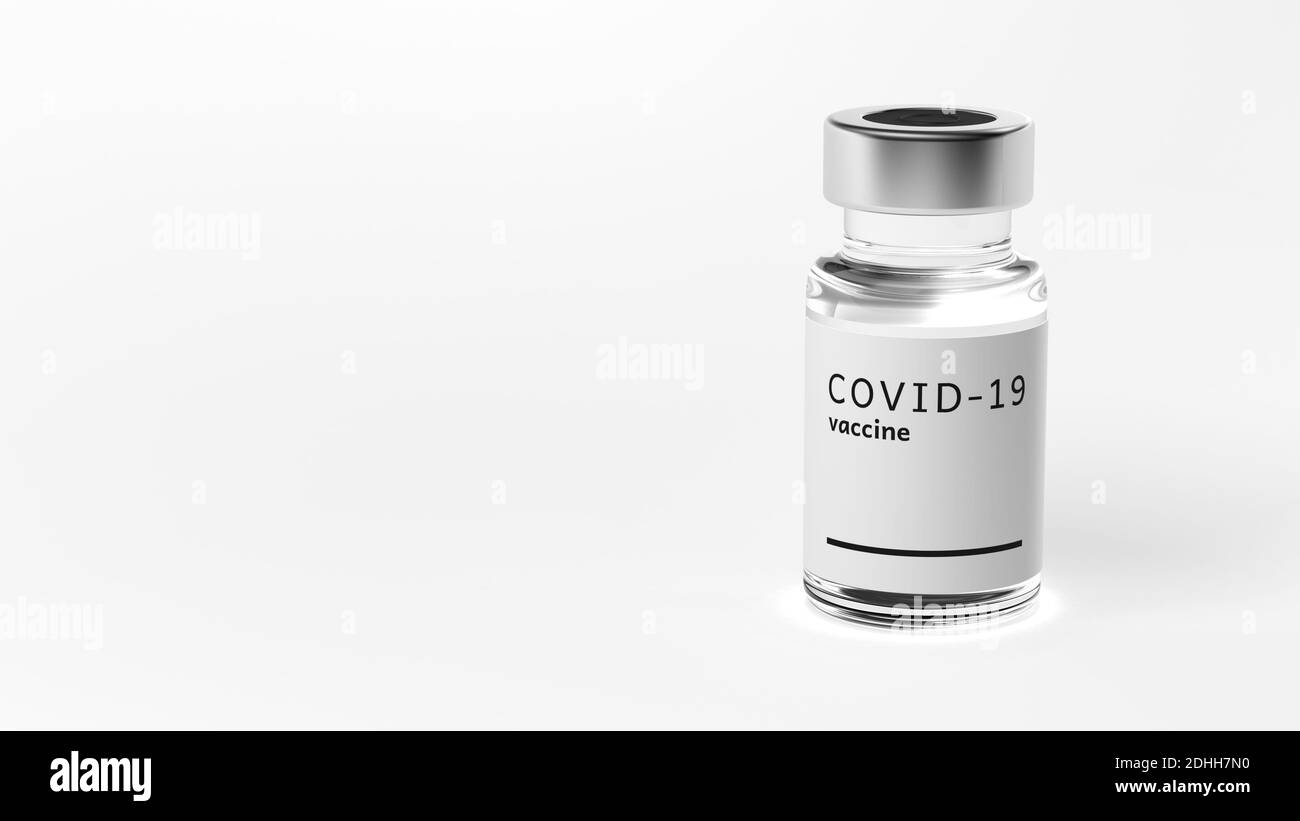 Impfstoff gegen Coronavirus. COVID-19-Impfstoff in einem auf Weiß isolierten Fläschchen. 3d-Illustration. Stockfoto