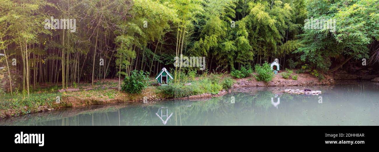 Alte schöne Teich mit Haus für Schwäne oder andere Vögel. Stockfoto