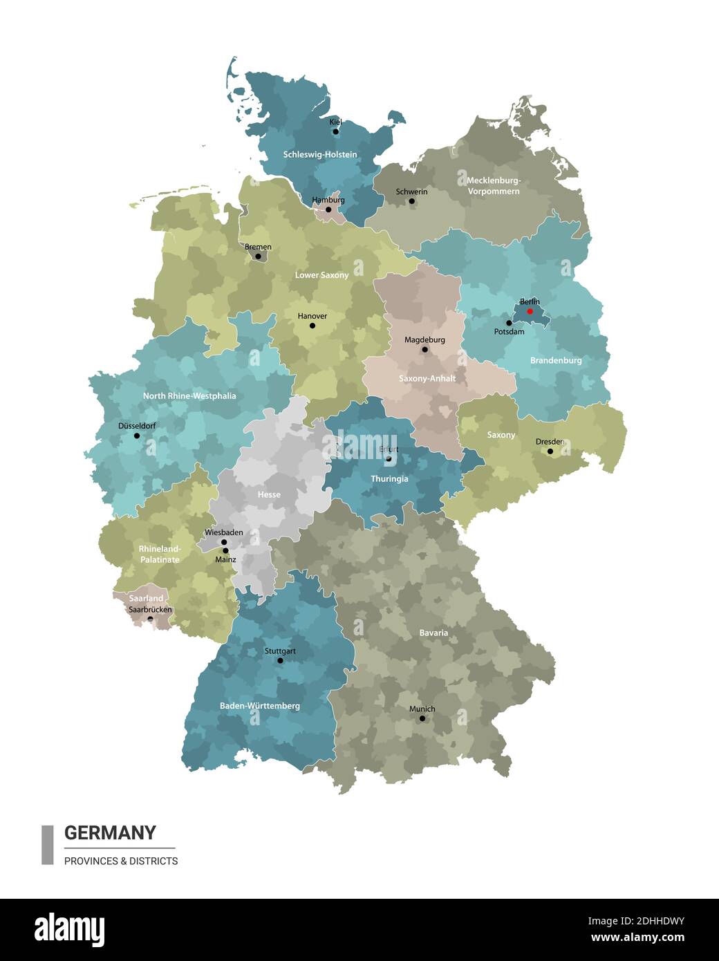 Deutschland hat Detailkarte mit Unterteilungen. Übersichtskarte von Deutschland mit Bezirken- und Stadtnamen, farbig nach Bundesländern und Verwaltungsbezirken Stock Vektor