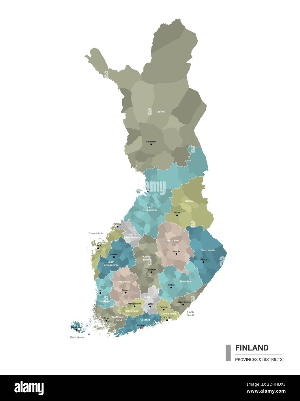 Finnland hat detaillierte Karte mit Unterteilungen. Verwaltungskarte von Finnland mit Bezirken und Städten Namen, farbig nach Staaten und administrative Distri Stock Vektor