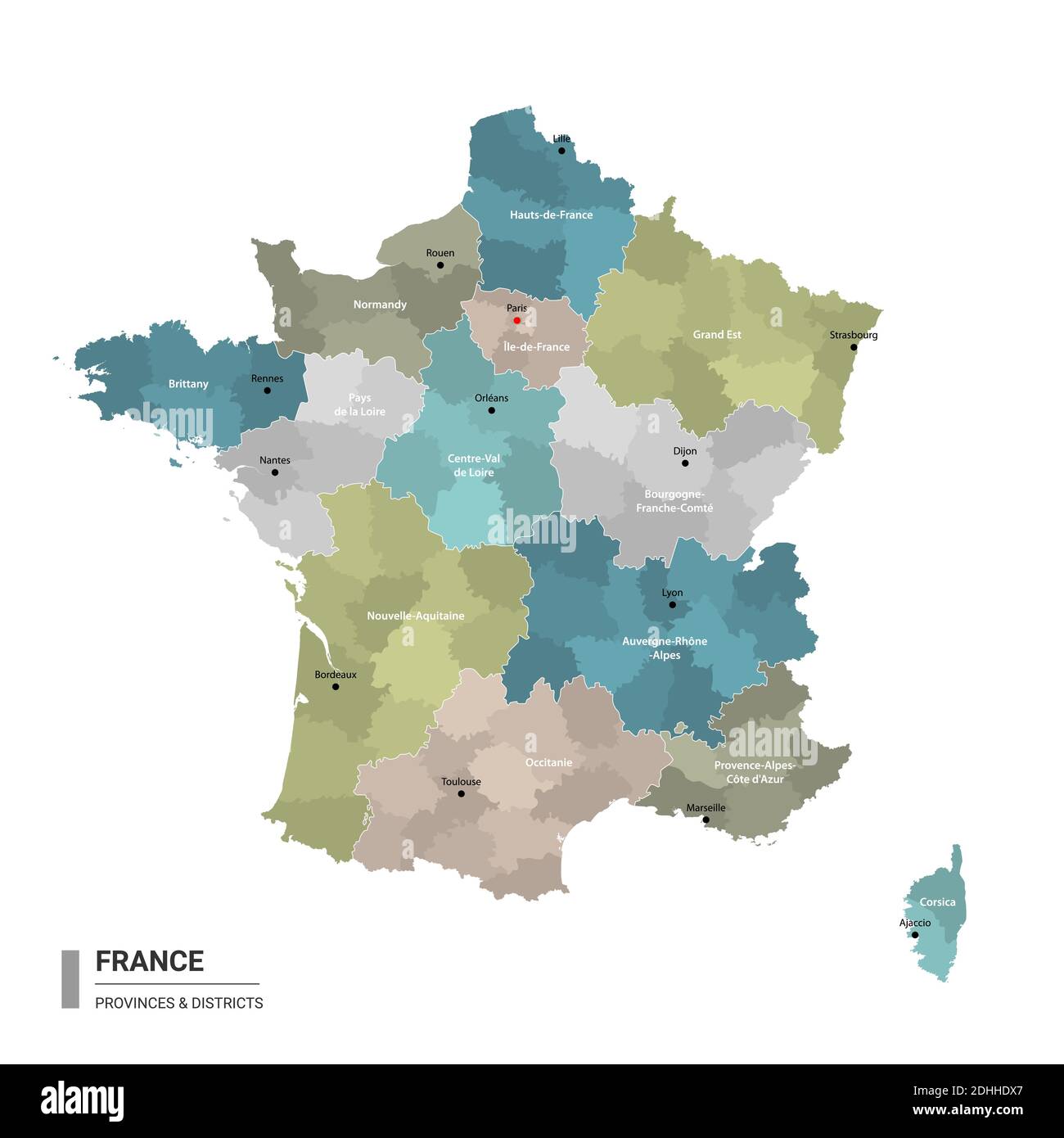 Frankreich Higt Detailkarte mit Unterteilungen. Verwaltungskarte von Frankreich mit Bezirken und Stadtnamen, farbig nach Bundesstaaten und Verwaltungsbezirk Stock Vektor