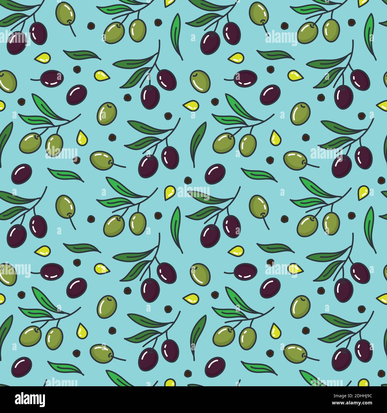 Nahtloses Vektor-Muster mit grünen und schwarzen Oliven mit Blättern, Pfefferkörnern und Olivenöltropfen. Healtyh Lebensmittel Tapete Hintergrund. Stock Vektor