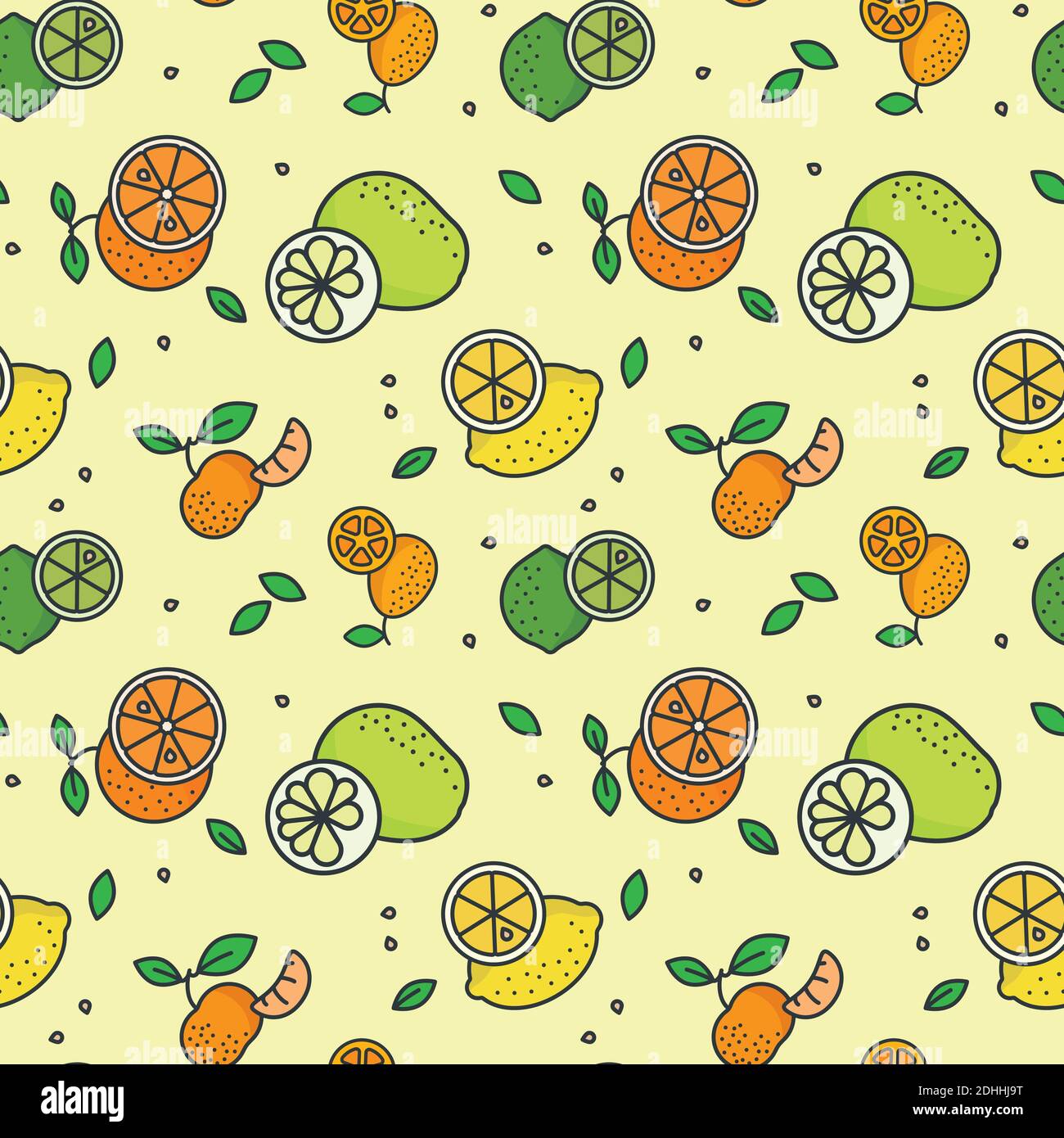 Zitrusfrüchte Vielfalt nahtlose Vektor Muster Tapete. Zitronen, Limetten, Pomelos, Mandarinorangen und Kumquats auf pastellgelbem Hintergrund. Stock Vektor
