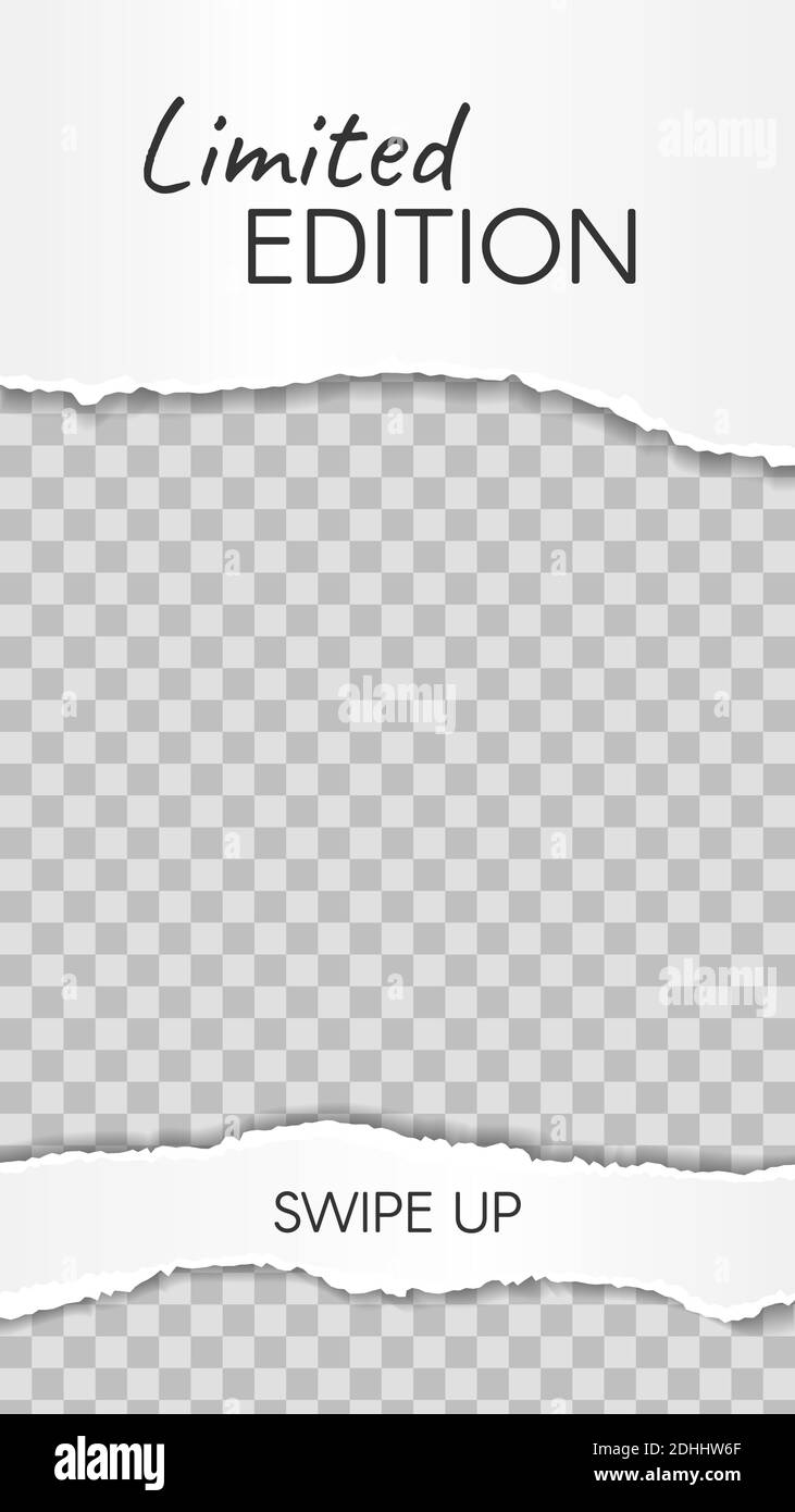 Zerrissene Papiergeschichte. Papierreste in limitierter Auflage, streichen Sie nach oben Social-Media-Story-Vorlage. Beschädigter Netzwerkrahmen Stock Vektor
