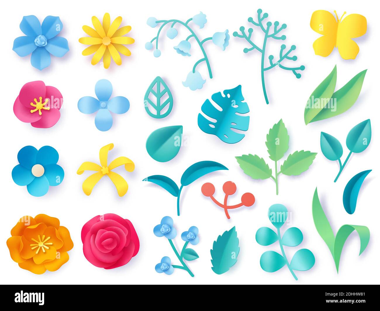 Papier geschnitten Pflanzenblätter. Realistische 3d Origami Zweige, Blumen, Zweige und Gras. Frühling und Sommer Pastellblüte. Vektor-Set mit Blumenmuster Stock Vektor