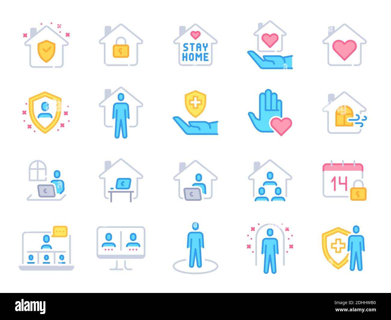 Symbole für „zu Hause bleiben“. Pandemie Quarantäne, covid Ausbruch Prävention und Arbeit von zu Hause bunte Linie Symbol. Sicherheit unter Hausdach Vektor-Set Stock Vektor