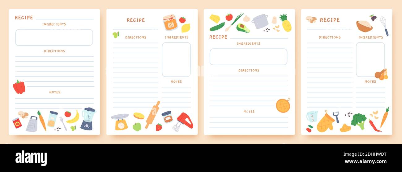 Rezeptkarten. Seiten für kulinarisches Buch mit Zutaten und Küchenutensilien dekoriert. Symbole für die Zubereitung von Speisen. Vektor-Set für Kochkarte Stock Vektor