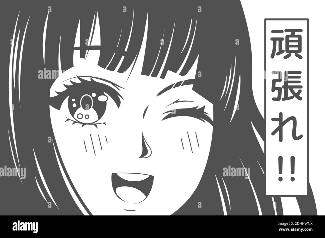 Anime-Poster. Kawaii winking Schule Mädchen Gesicht mit großen Augen im Manga-Stil und japanische Symbole bedeuten Go for it. T-Shirt mit japan-Vektor-Druck Stock Vektor