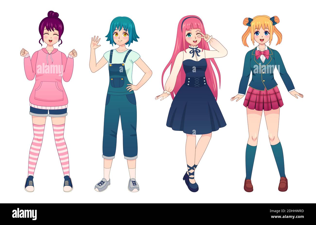 Anime-Mädchen. Schöne japanische Manga Schulmädchen in Uniform, Lolita Stil Kleid, Overalls und Hoodie. Glücklich kawaii weibliche Posen Vektor-Set Stock Vektor