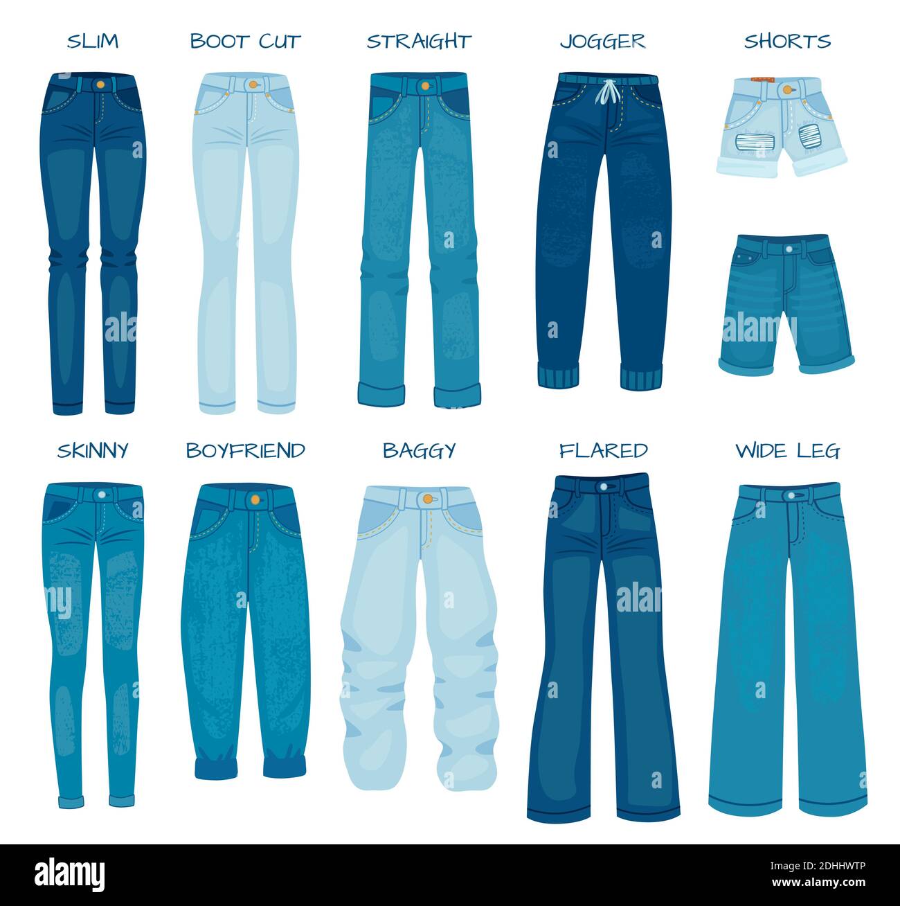 Damen Jeans passt. Denim Damenhosen Modelle skinny, gerade, schlank, Freund  und Boot geschnitten. Silhouette Stile von jean Hose Vektor-Set  Stock-Vektorgrafik - Alamy