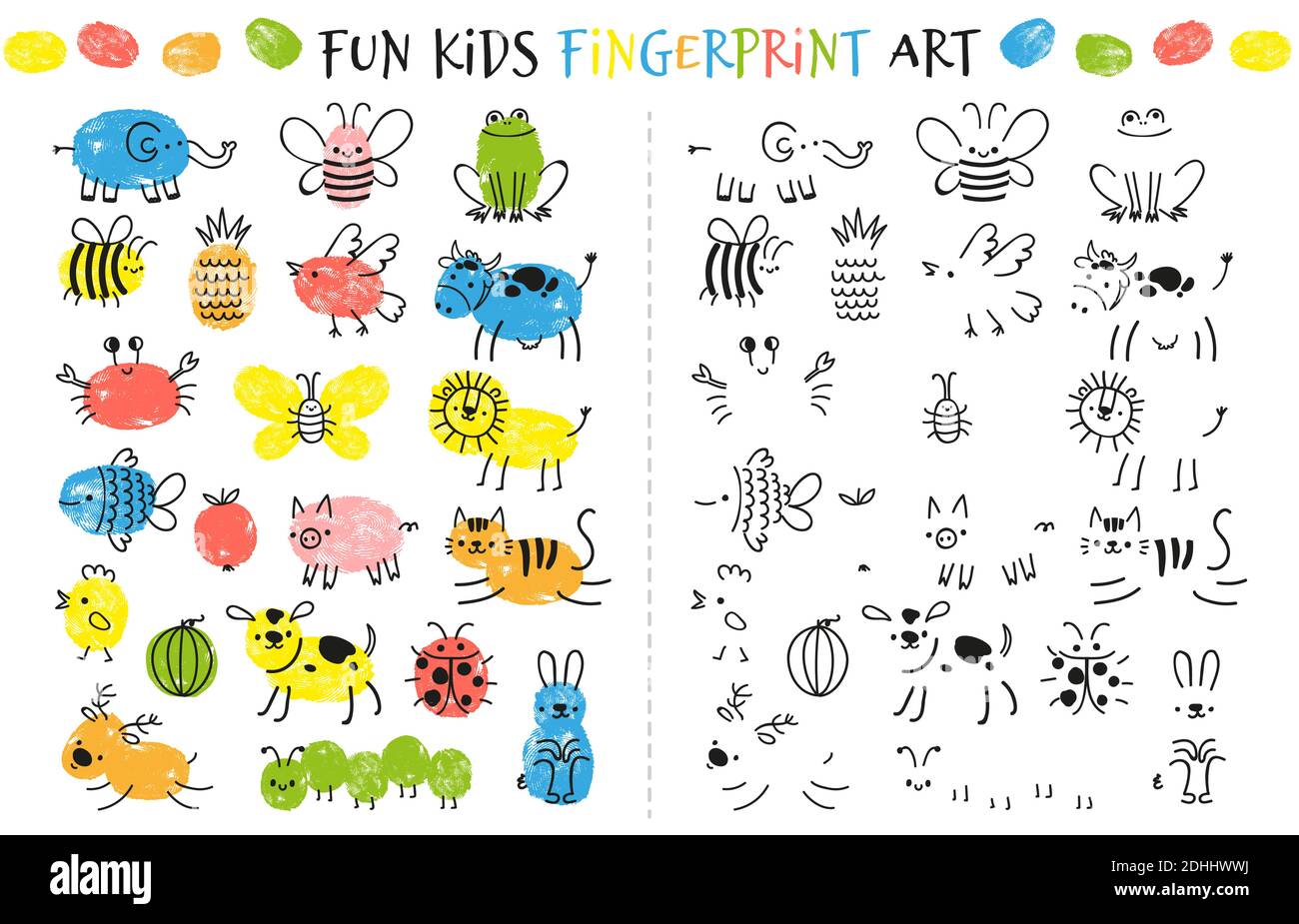 Fingerabdruck-Spiel für Kinder. Spaß pädagogische Aktivität für Kinder lernen, mit Fingern zu malen. Doodle Tiere und Insekten Zeichnung Vektor-Set Stock Vektor