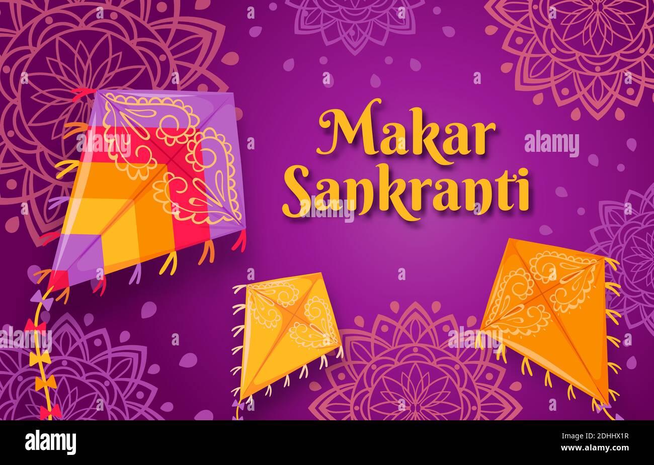 Makar Sankranti Festival. Happy Indian Sun Celebration Day Poster mit fliegenden Drachen. Sankrant Ernte Grußkarte oder Banner Vektor Konzept Stock Vektor