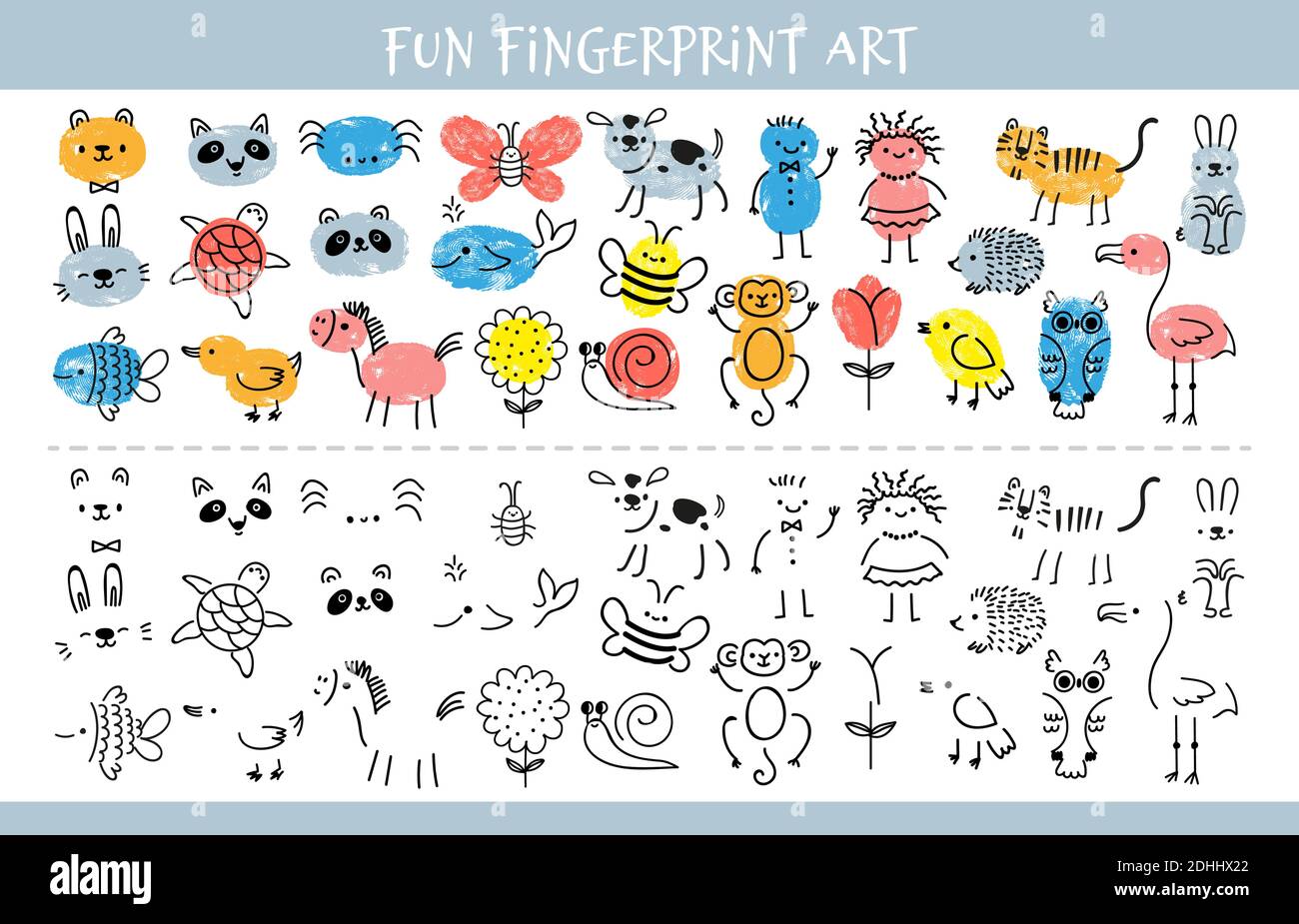 Malen Sie mit Fingerabdrücken. Kinder Fingerabdruck lernen Kunst Spiel und Quiz Arbeitsblatt mit Zeichen. Bildung Zeichnung für Kinder Vektor-Blatt Stock Vektor