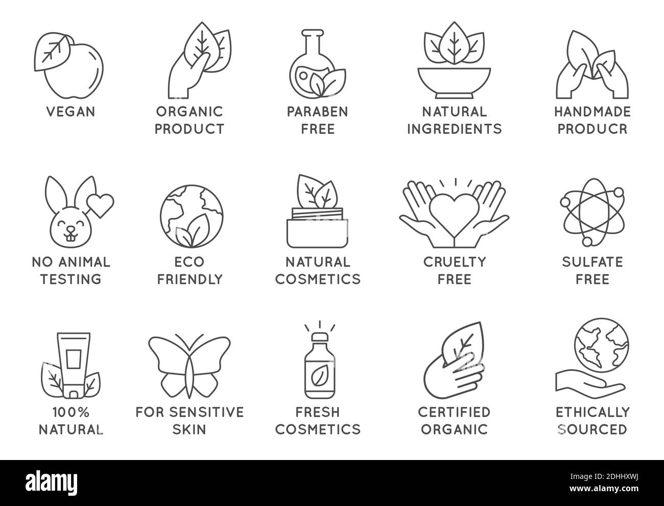 Bio-Kosmetik-Ikone. Umweltfreundliche grausamfreie Leinenabzeichen für Beauty-Produkte und veganes Essen. Kein Tier getestet, natürliche Symbole Vektor-Set Stock Vektor