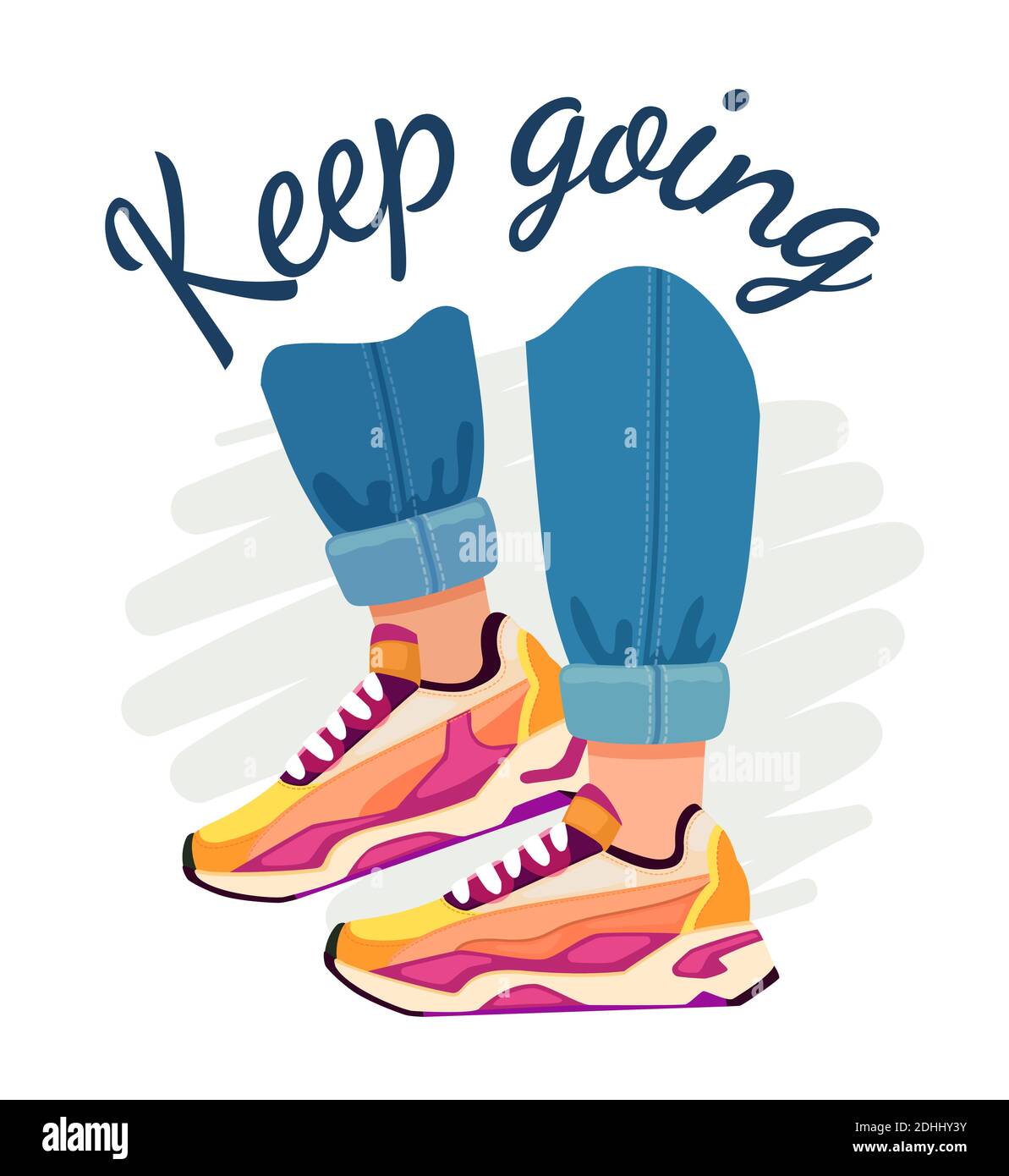 Slogan und Sneaker. Street Fashion Poster mit Fuß in Jeans und Sportschuhen, motivierendes Zitat. Keep Going Vektor-T-Shirt-Druck Stock Vektor