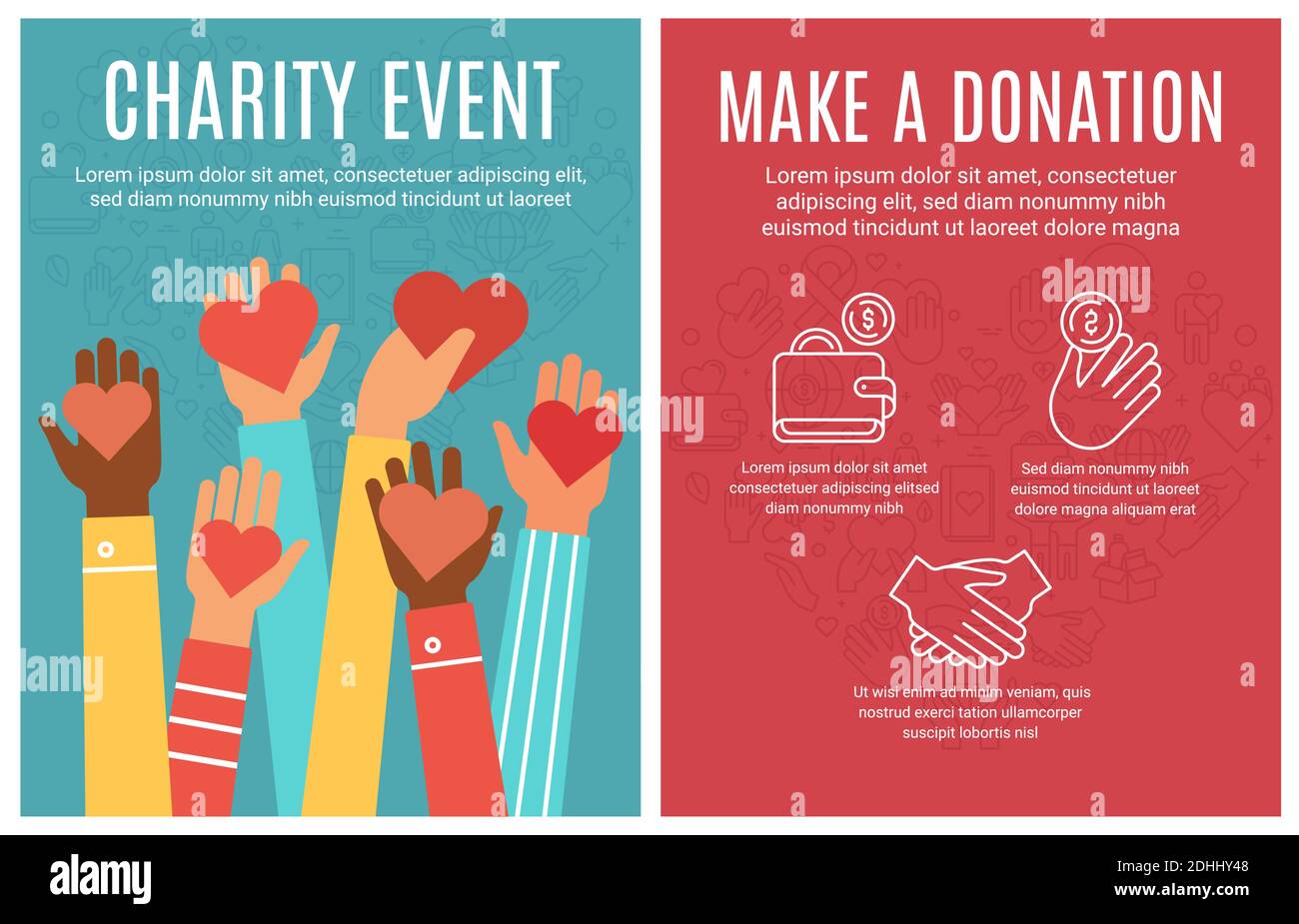 Flyer für Charity-Veranstaltungen. Plakat für Spenden und Freiwilligenarbeit. Hände spenden Herzen und Linie Symbol Elemente. Community Hilfe Broschüre Vektor-Konzept Stock Vektor