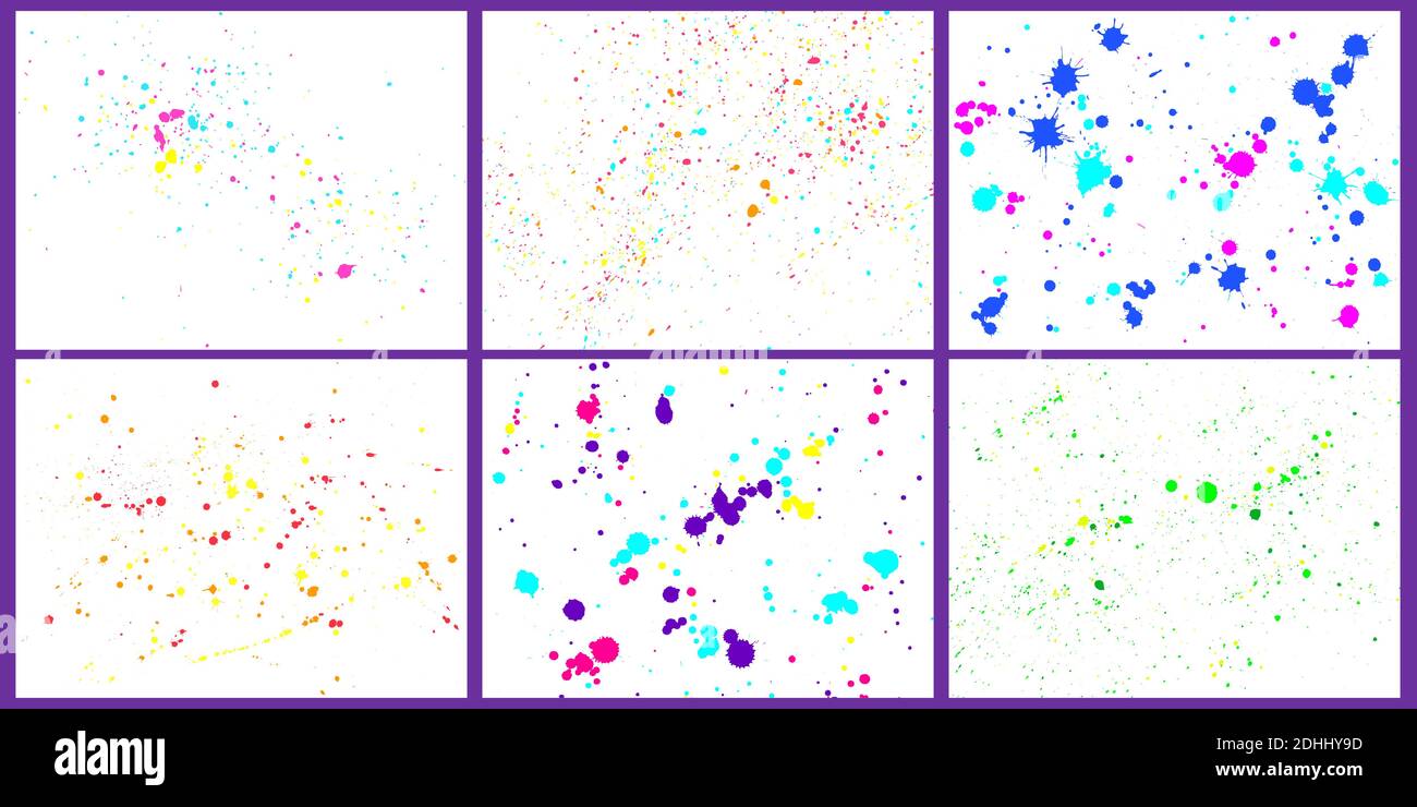 Farbe malen Splatter Hintergrund. Malen Sie helle Spritzer und Tropfen. Dekoratives Set mit abstrakten Pinsel-Tintenblots Stock Vektor