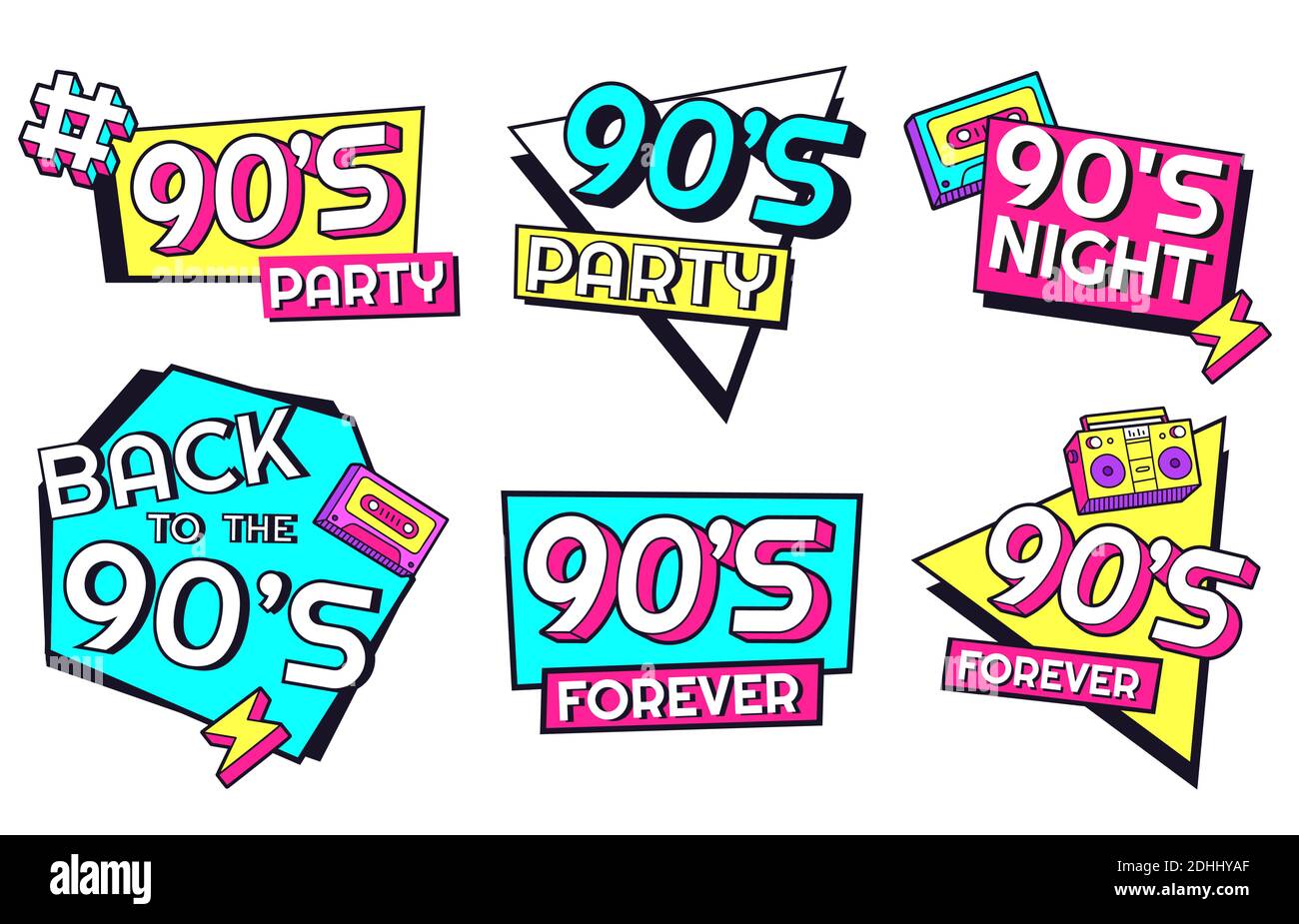 Zurück in die 90er. Memphis Stil Elemente für Einladungskarten für Party mit geometrischen Formen, Forever 90s Stock Vektor