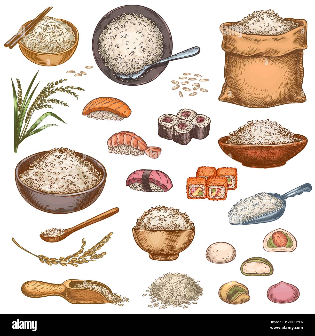 Reisgerichte. Handgezeichnete asiatische Gerichte Sushi-Brötchen, Mochi, Porridge Schüssel und Nudeln. Beutel und Stapel von Reiskörnern. Japanische Küche Vektorset Stock Vektor