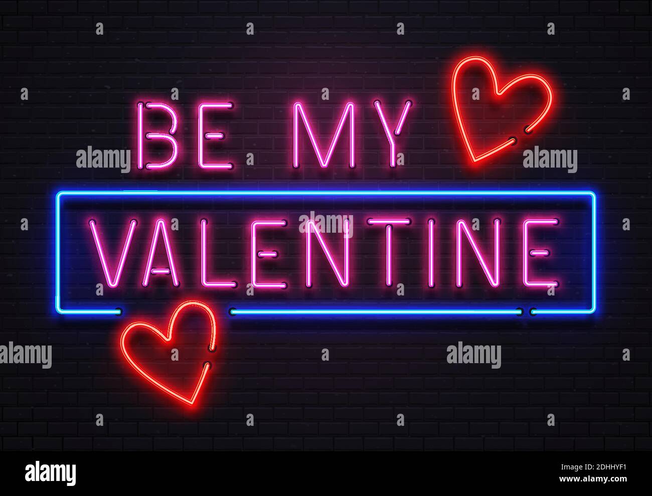 Leuchtendes Neon-Schild sei mein valentine-Schriftzug zur Feier. Romantisches LED beleuchtete Schild für Café Stock Vektor