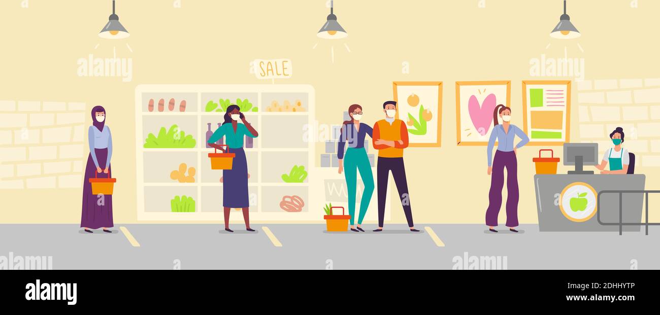 Menschen in der Ladenzeile halten soziale Distanz. Männer und Frauen tragen medizinische Gesichtsmaske kaufen Lebensmittel im Supermarkt Stock Vektor