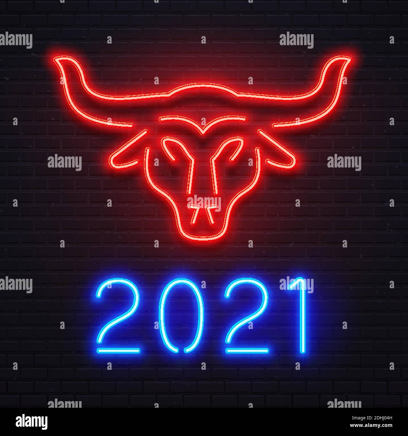 Neonroter Ochse für Neujahrsgruß 2021. Hellblaue Buchstaben 2021 Schild, Bar oder Café Schild, Lichtbanner Stock Vektor