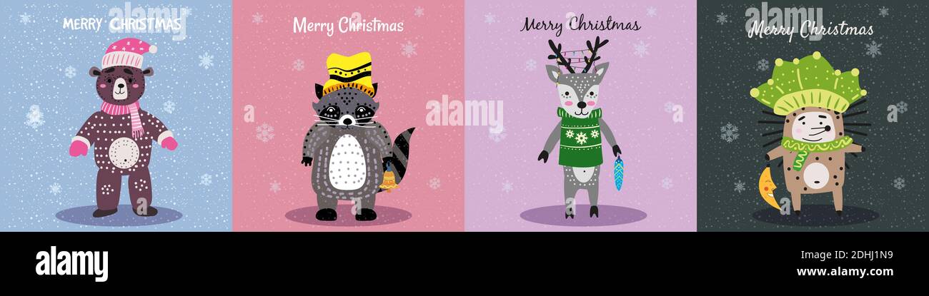 Weihnachten Tiere Kartenset niedlichen Bären, Igel, Waschbär, Hirsch. Handgezeichnete Sammlung Zeichen Illustration Vektor isoliert Stock Vektor