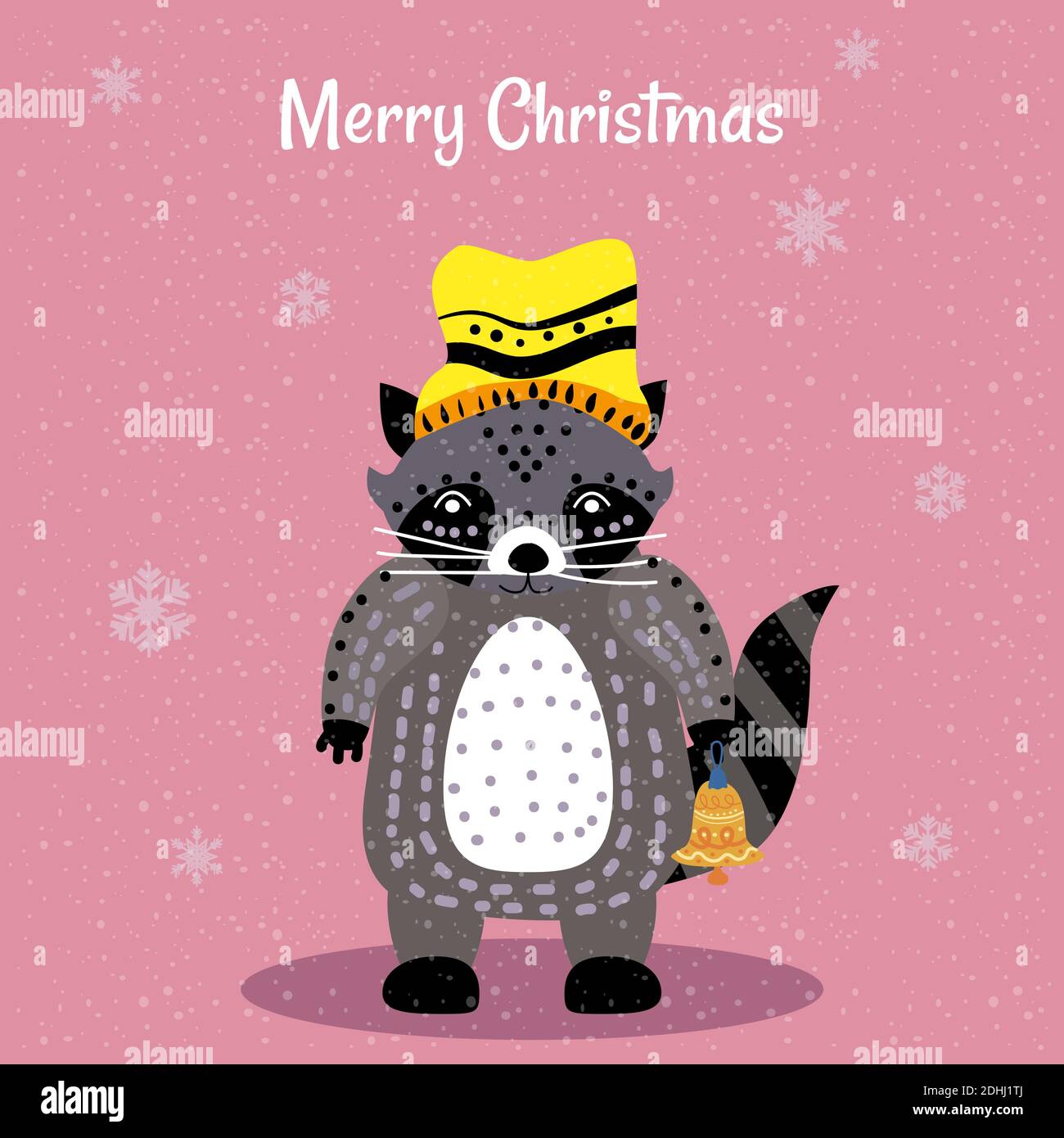 Frohe Weihnachten Süße Waschbär mit Hut und Spielzeugkarte. Handgezeichnetes Zeichen Illustration Vektor isoliert Poster Banner Stock Vektor
