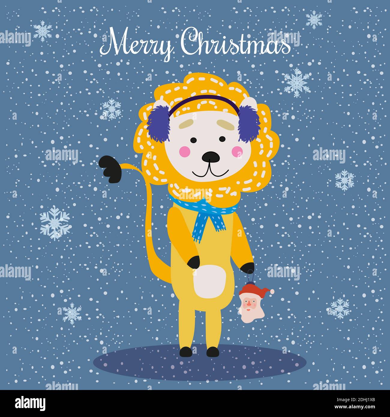 Frohe Weihnachten Niedlichen Löwen mit Schal, flauschige Ohrenschützer und Spielzeug, Karte. Handgezeichnetes Zeichen Illustration Vektor isoliert Poster Banner Stock Vektor