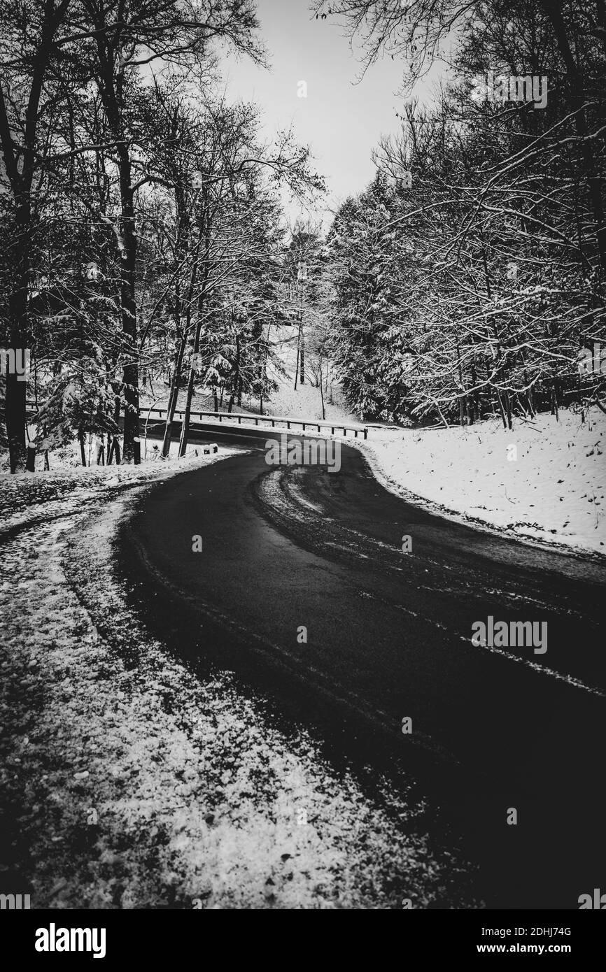 Eine schöne Aufnahme des Winters auf der Straße Stockfoto