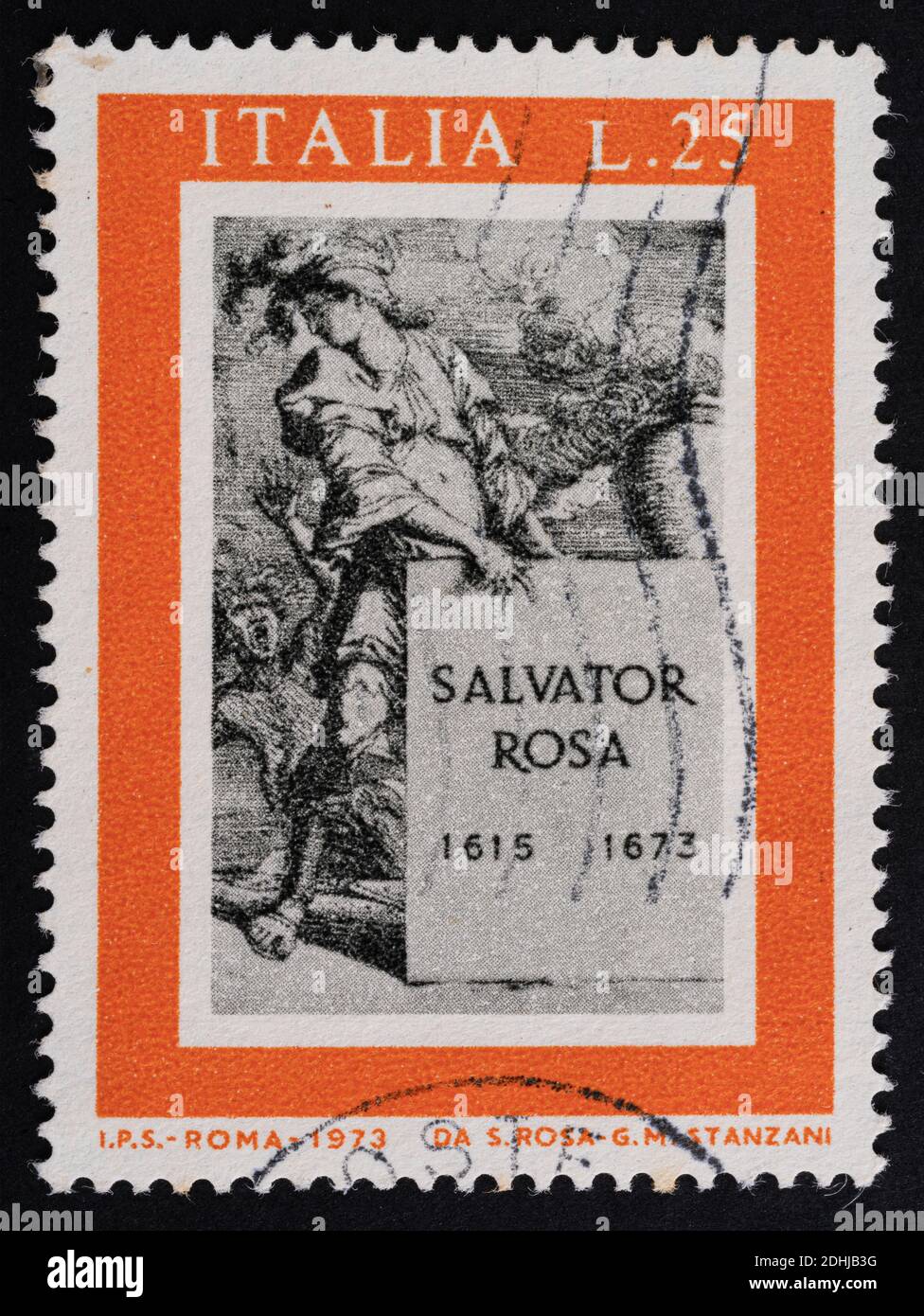 Udine, Italien. 10. Dezember 2020. Das Gedenken an Salvador Rosa auf einer italienischen Briefmarke Stockfoto