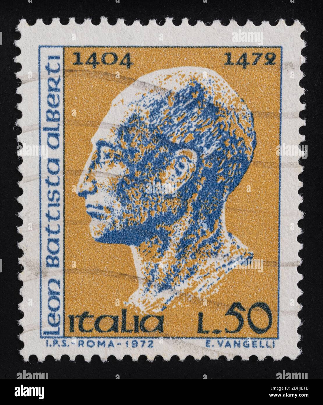Udine, Italien. 10. Dezember 2020. Das Gedenken an Leon Battista Alberti auf einer italienischen Briefmarke Stockfoto