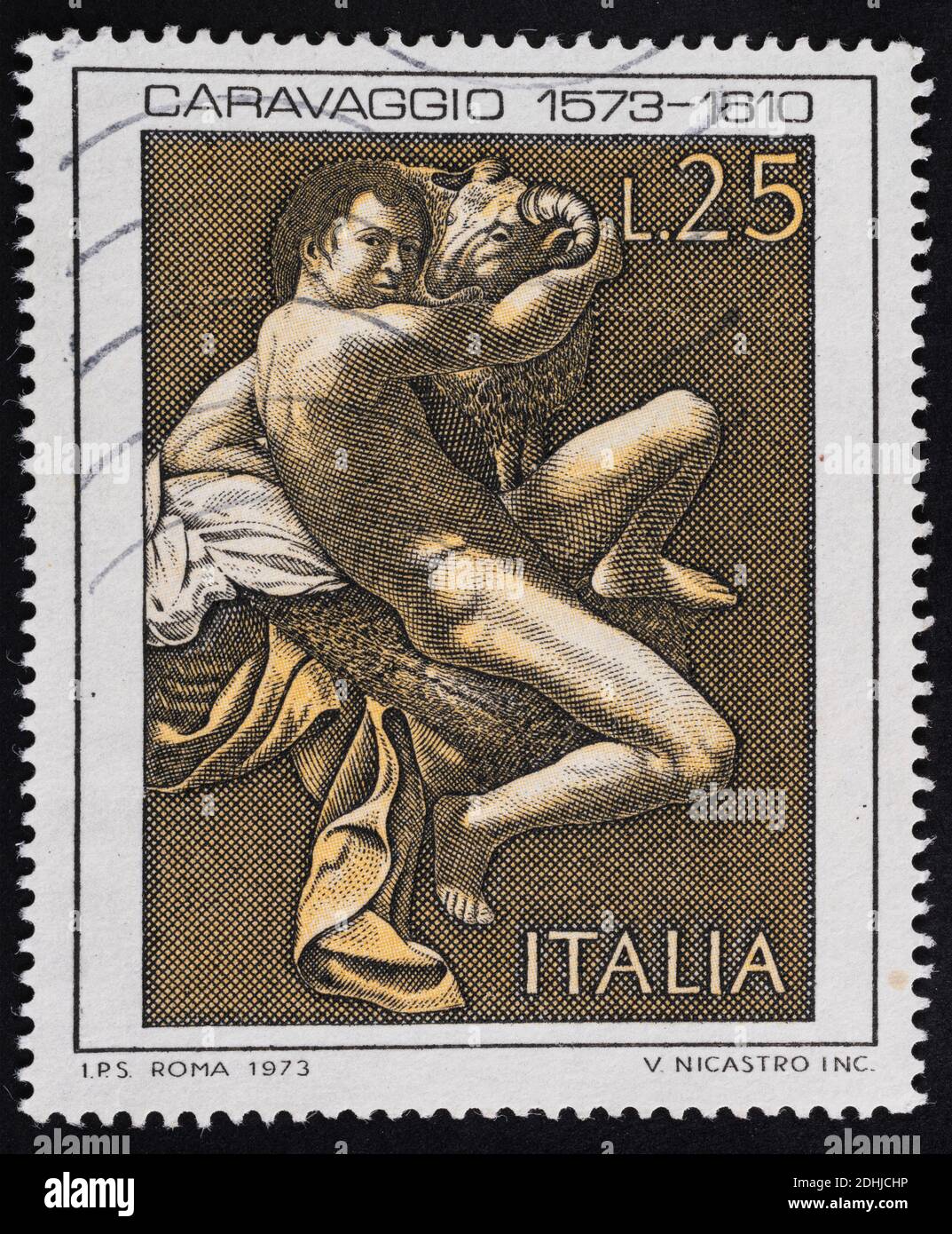 Udine, Italien. 10. Dezember 2020. Das Gedenken an Caravaggio auf einer italienischen Briefmarke Stockfoto
