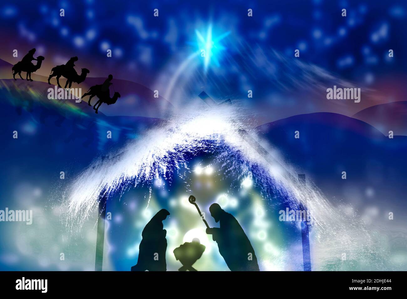 Weihnachtskrippe mit dem Jesuskind in der Krippe und Maria mit Joseph. Weihnachten Hintergrund. Stockfoto