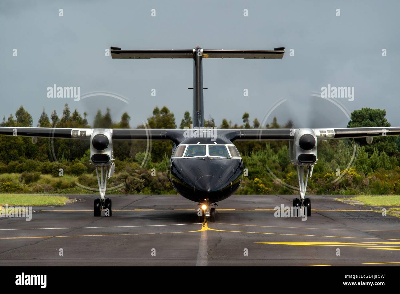 Kopf auf Aufnahme eines Air New Zealand Bombardier Dash 8 Q300 Flugzeuge in ganz schwarzer Lackierung, wie es ankommt Am Flughafen Taupo Stockfoto