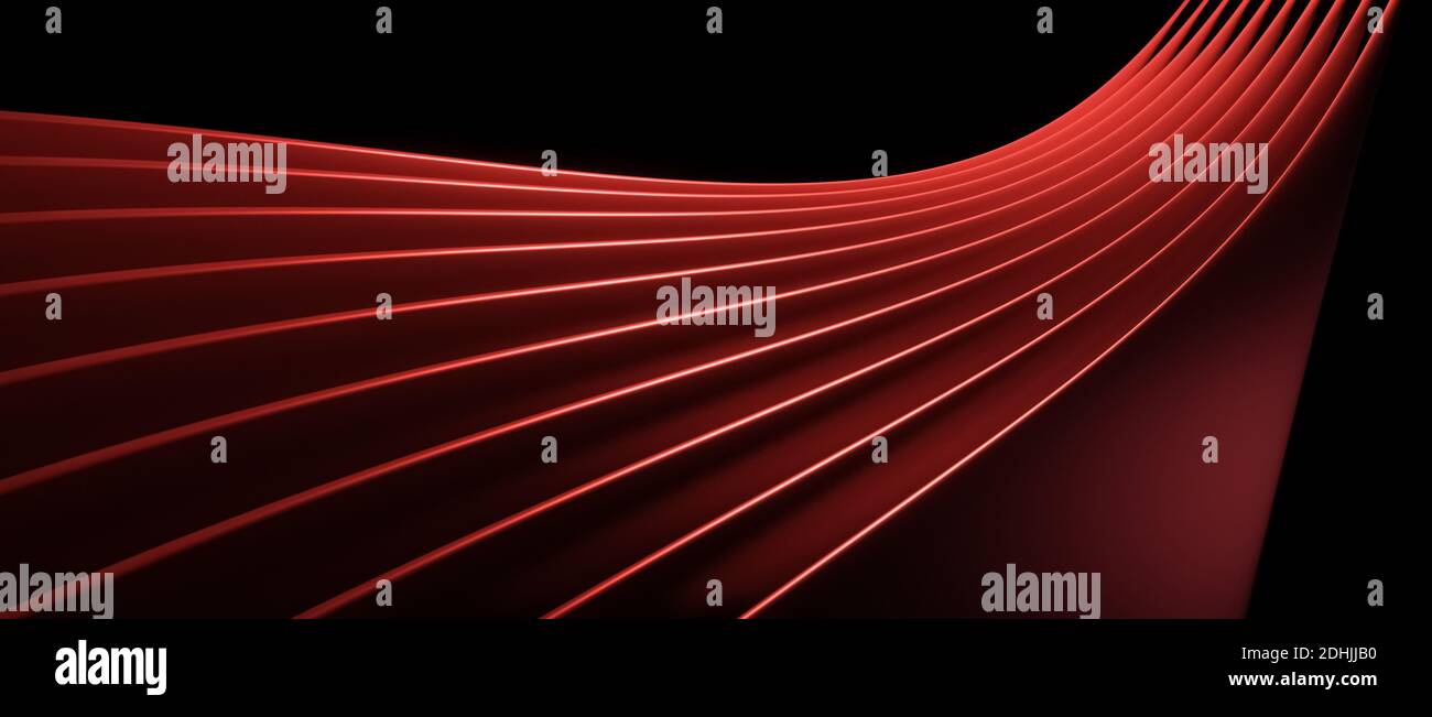 Abstraktes modernes 3D-Objekt mit vielen Ebenen und parallel fließenden Kurven, Linien oder Formen, schwarzem Hintergrund, CGI-Illustration, Rendering, rot, dunkel Stockfoto