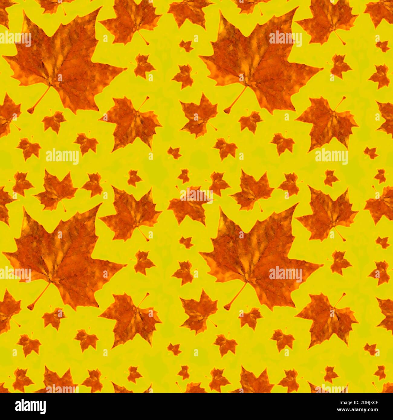 Rustikales Herbstliches Nahtloses Muster mit großen Herbstblättern in leuchtenden, lebendigen Farben, ideal für Schreibwaren und Stoffe, auf einem hübschen Zitronenhintergrund Stockfoto