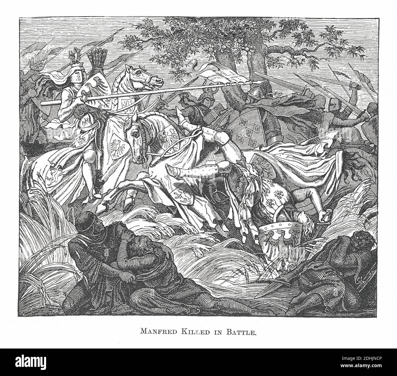 19. Jahrhundert Illustration einer Szene, in der Manfred, Kign von Sizilien und Apulien, in der Schlacht von Karl, Graf von Anjou im Jahre 1266 getötet wird. Original ar Stockfoto
