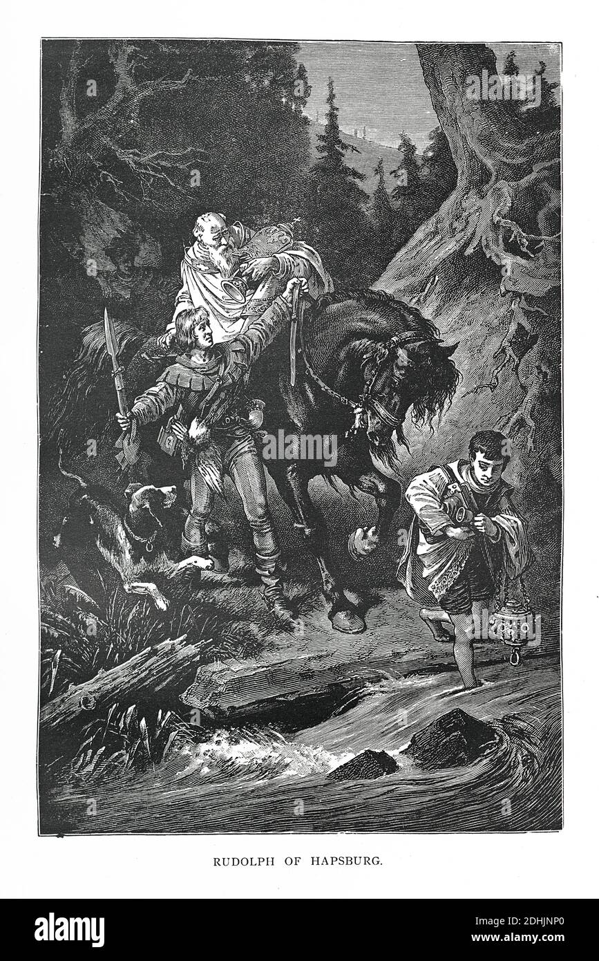 19. Jahrhundert Illustration einer Szene mit Rudolf I., der in einem Wald den Fluss überquert. Rudolf I., oder Rudolf von Habsburg (1. Mai 1218 – 15. Juli 1291), war König o Stockfoto