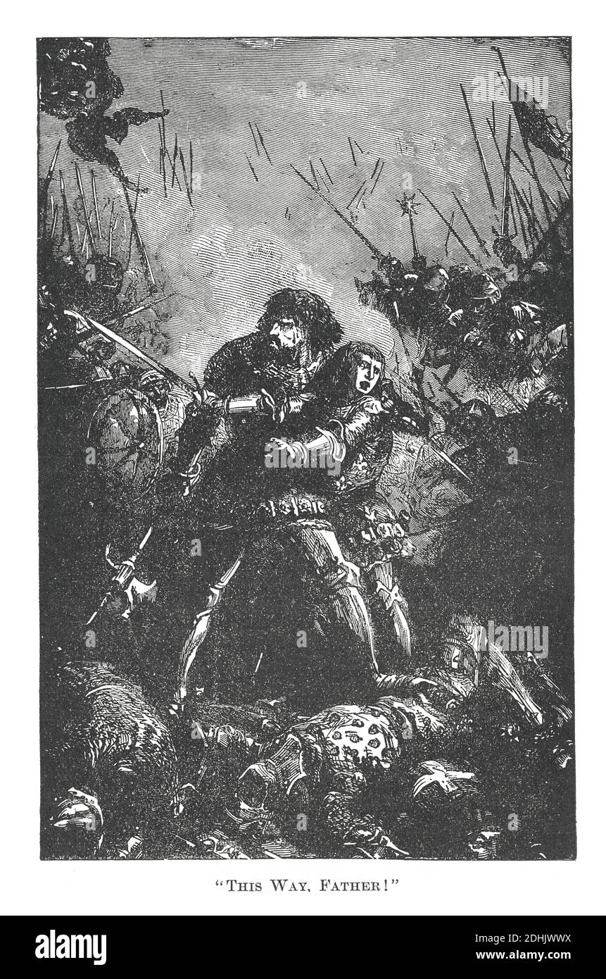 19. Jahrhundert Illustration einer Szene aus einer Schlacht gekämpft in Poiters, Frankreich (1356) mit John II (1350-1364), König von Frankreich, und sein Sohn Philip, wher Stockfoto