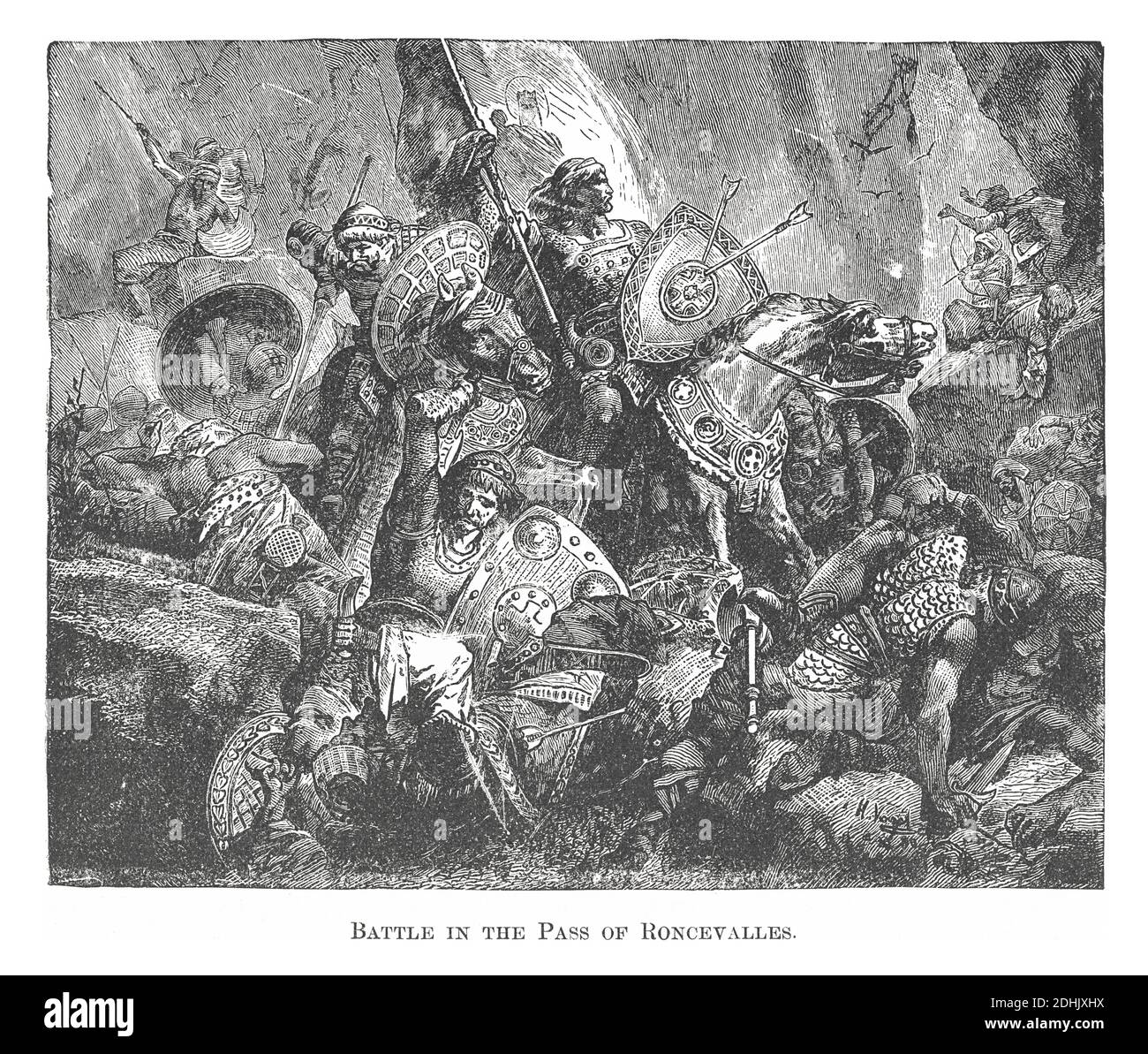 19. Jahrhundert Illustration einer Szene der Schlacht von Roncevaux Pass in 778. Roncevaux Pass ist ein Hochgebirgspass in den Pyrenäen an der Grenze dazwischen Stockfoto
