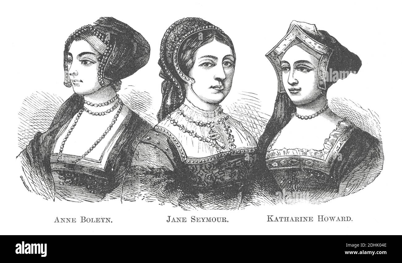 19. Jahrhundert Illustration von Anne Boleyn, Jane Seymour, Katharine Howard - alle Königinnen von England zwischen 1533 und 1541 und Ehefrauen von Henry VIII. Ursprung Stockfoto