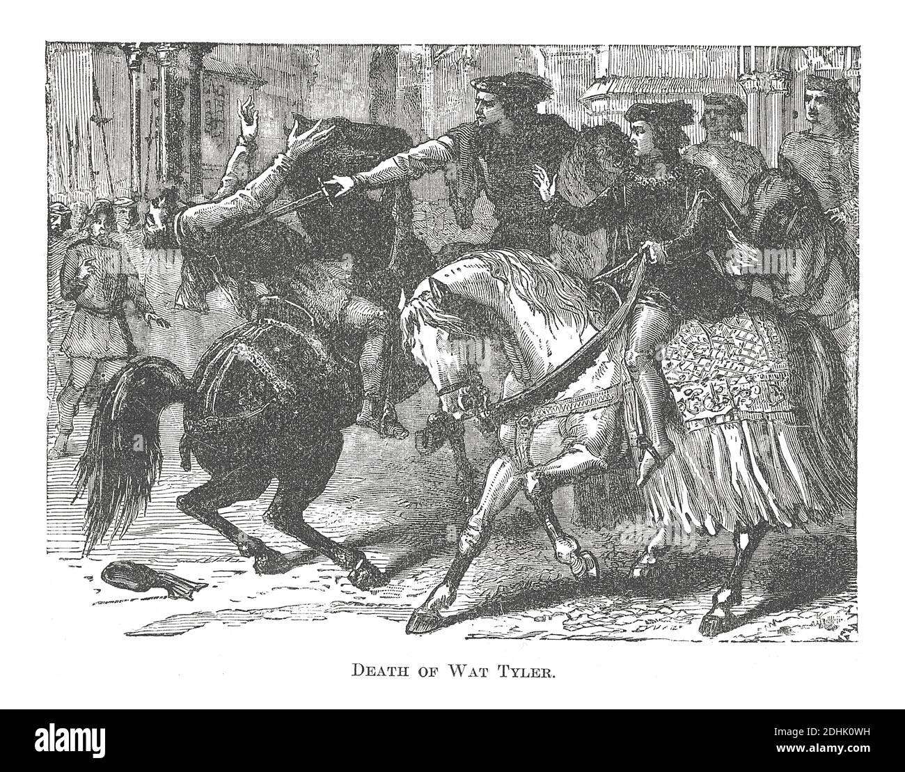 19. Jahrhundert Illustration einer Szene von Wat Tyler's Tötung im Jahr 1381. Er war der Führer des Bauernaufstandes von 1381 in England, der eine Gruppe von marschierte Stockfoto