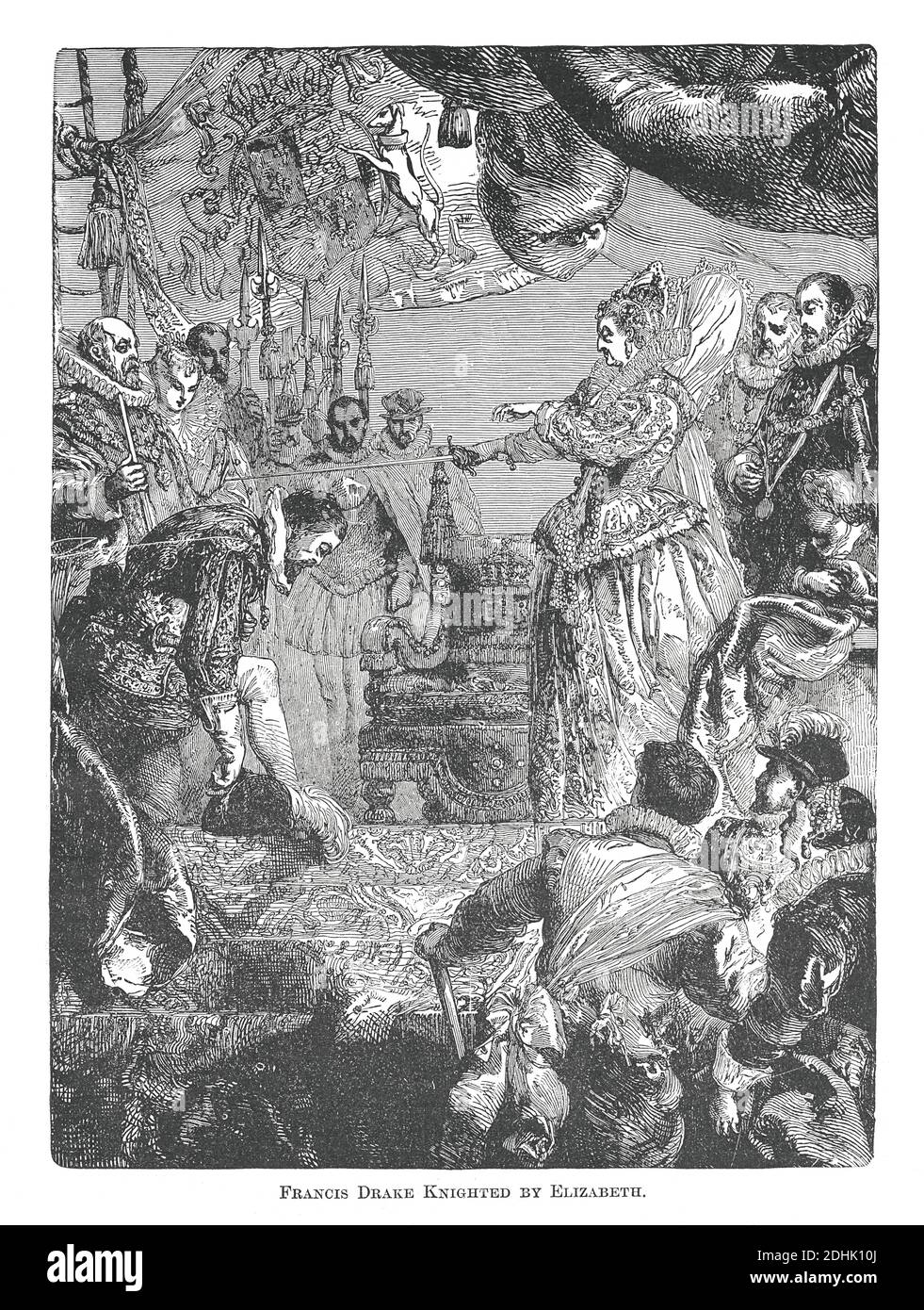 19. Jahrhundert Illustration einer Szene, wo Königin Elizabeth I von England knighting Francis Drake, Vice Admiral (c. 1540. – 27. Januar 1596) war ein Engli Stockfoto
