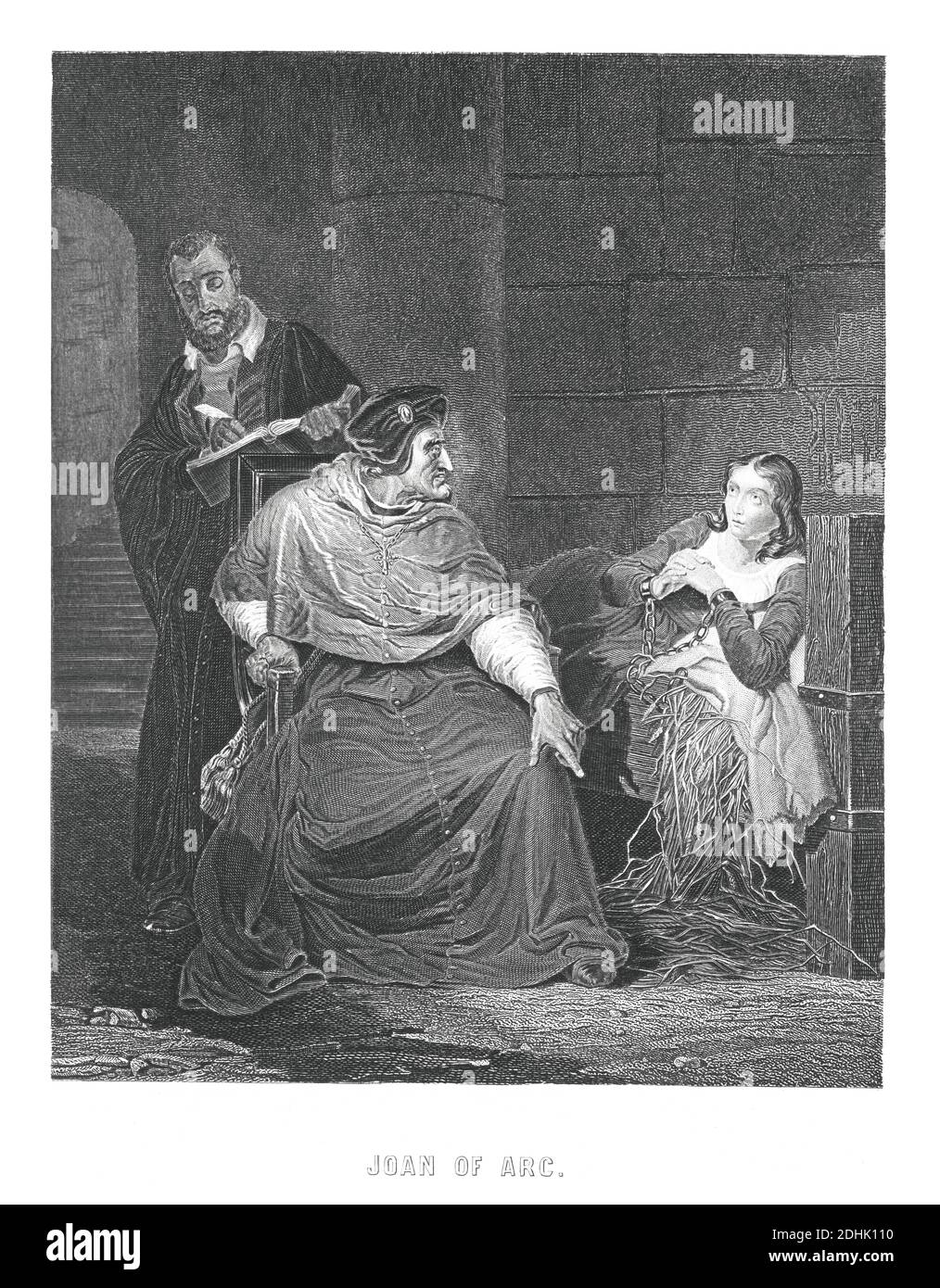Illustration aus dem 19. Jahrhundert nach Paul Delaroches (1797 – 1856) Gemälde Jeanne d'Arc, das von Kardinal von Winshester in ihrer Gefängniszelle verhört wurde. Stockfoto