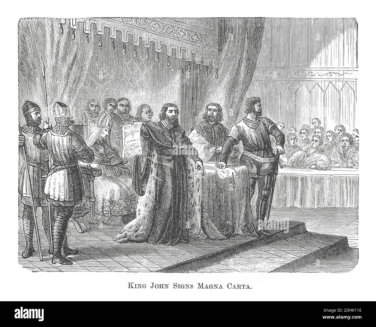 Illustration einer Szene aus dem 19. Jahrhundert, in der König John (1166 – 1216), auch bekannt als John Lackland, die versiegelte Magna Carta in England zeigt, 15. Juni 121 Stockfoto