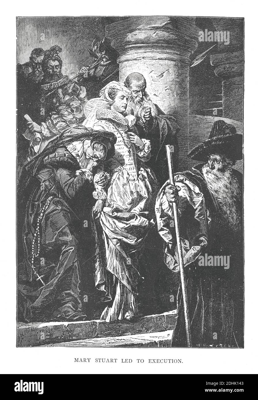 19. Jahrhundert Illustration der historischen Szene, wie Mary Stuart zur Hinrichtung geführt wird, nach 19 Jahren Gefangenschaft. Originalkunstwerk in 'A picto veröffentlicht Stockfoto