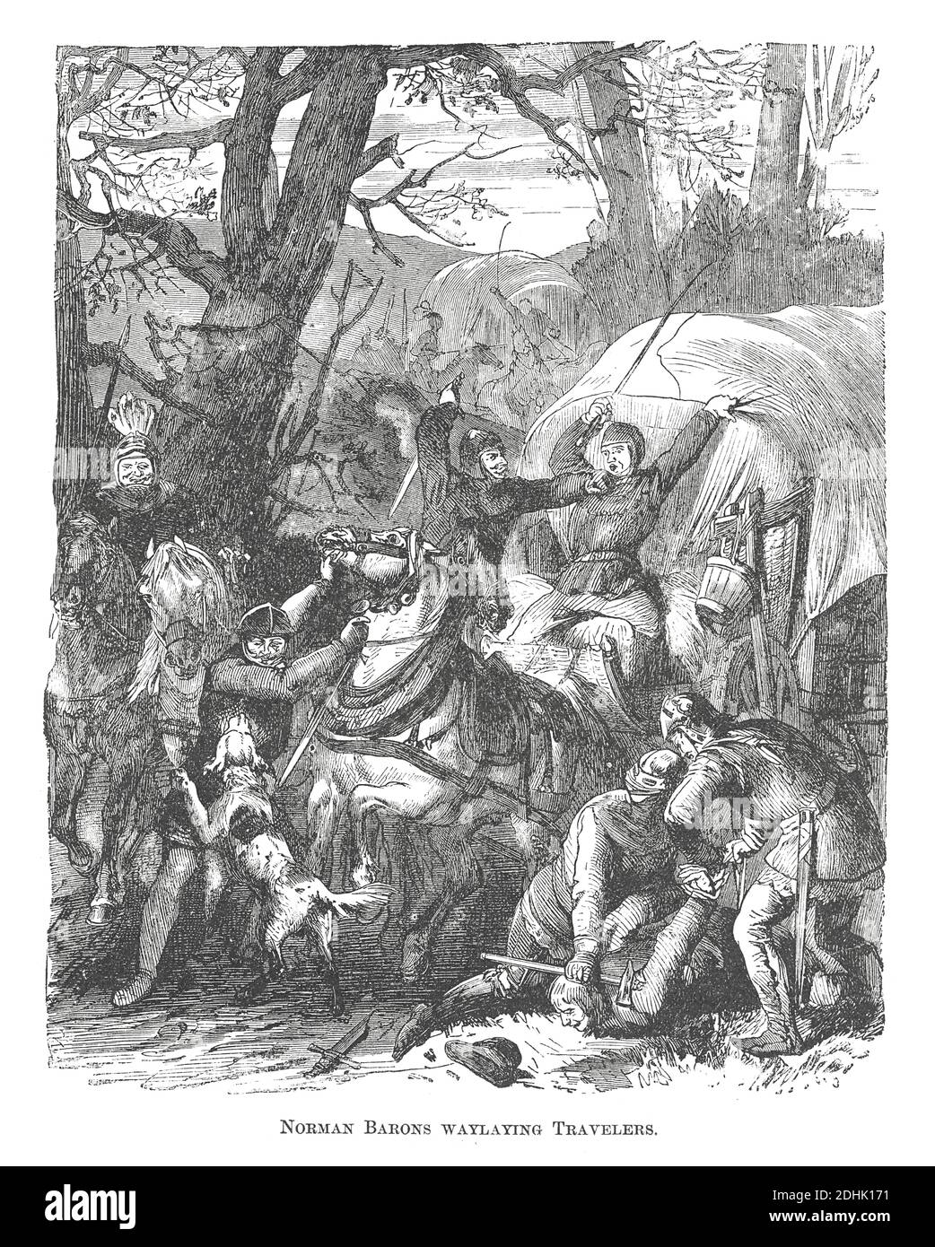 19. Jahrhundert Illustration einer Szene, in der Normannen Reisende im Mittelalter in England wegführen. Original-Kunstwerk in 'EINE Bildgeschichte o veröffentlicht Stockfoto